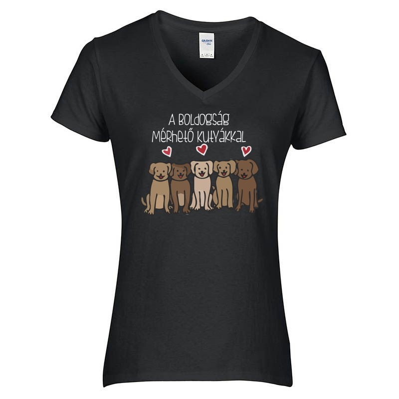 Női V-nyakú póló Boldogság mérhető kutyákkal