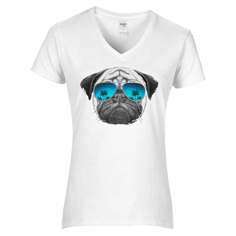 Női V-nyakú póló Blue summer dog