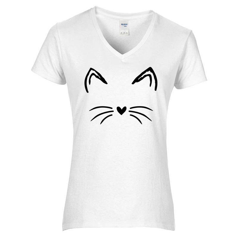 Női V-nyakú póló Fekete cica arc
