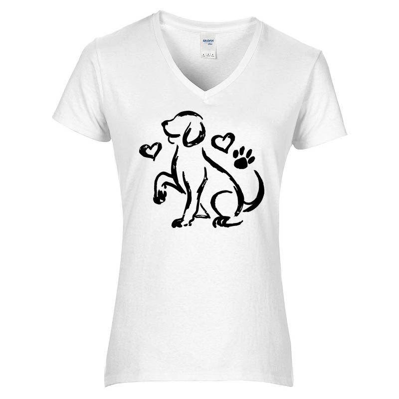 Női V-nyakú póló Fekete kutyus rajz