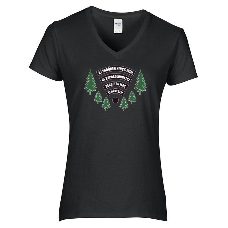 Női V-nyakú póló Az erdőben nincs wifi!